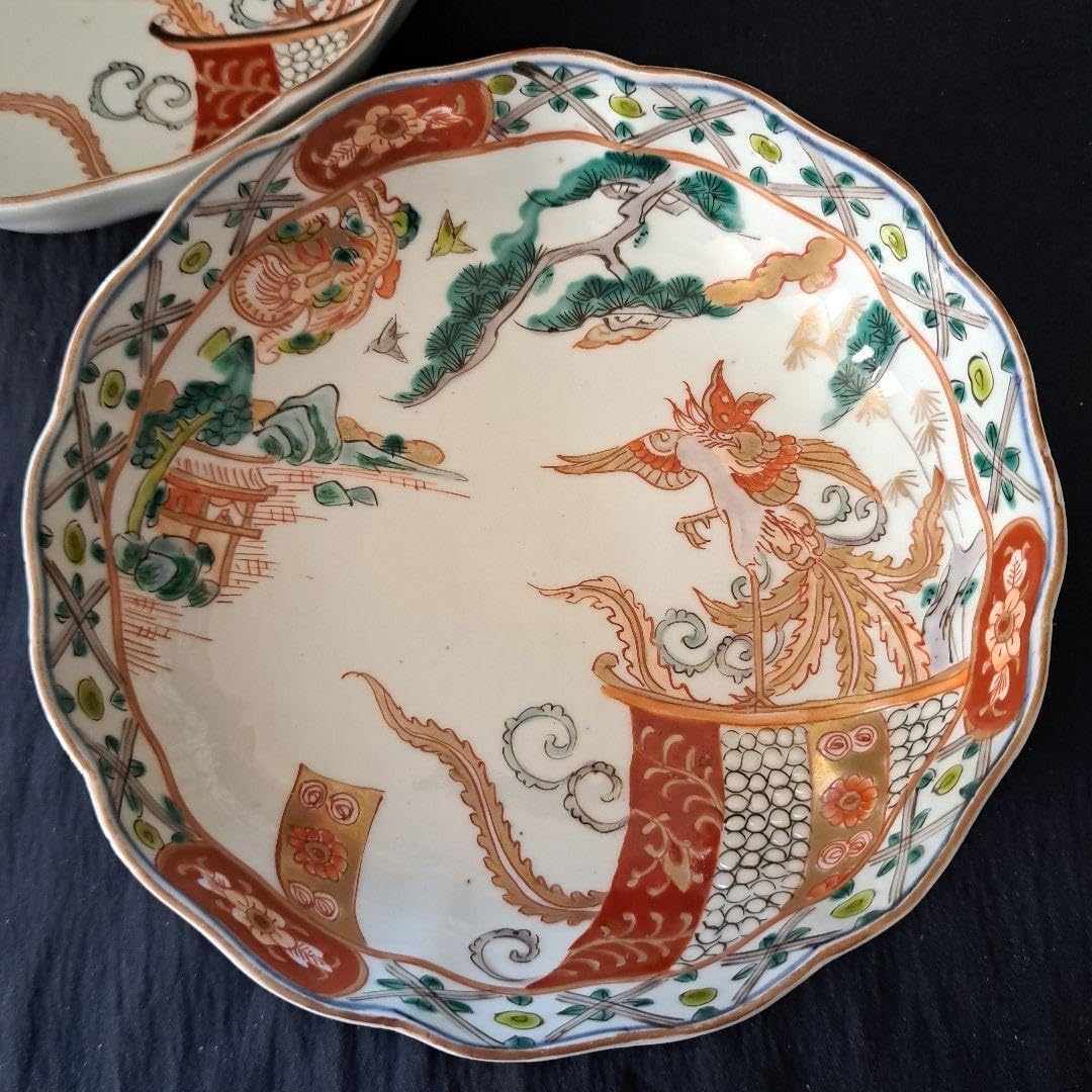 「金彩の鳳凰(ほうおう)と龍！」 古伊万里 深皿(直径15.5cm) 2客セット 金彩の鳳凰(ほうおう)と龍！」 古伊万里 深皿(直径15.5cm) 2客セット